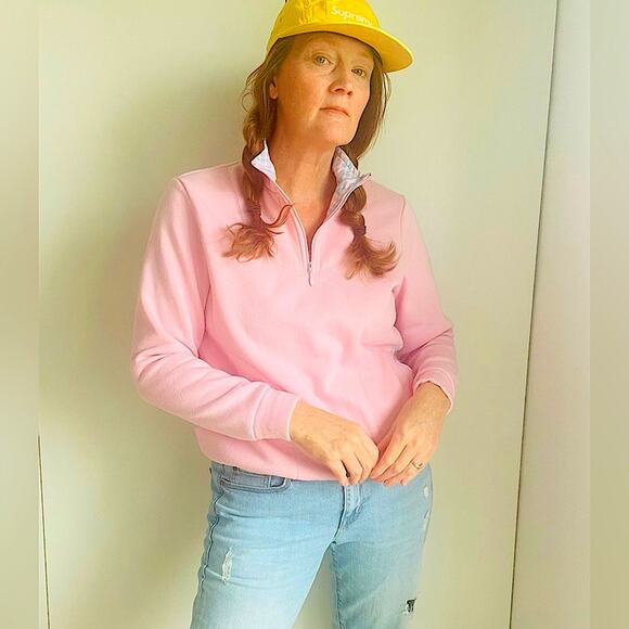 Vintage y2K Sweatshirt Pink Plaid Coastal Grannycore Pockets Coastal beachy Sz S - Picture 4 of 9